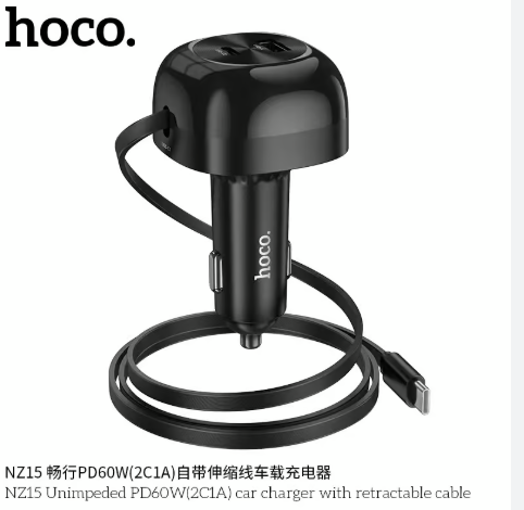 Hoco NZ15 PD60W Car Charger with Retractable cable in car Type-C mobile phone Quick fast Chargers
