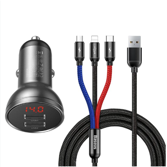Baseus Car Charger Dual USB 4.8A 24W  With Three in one Cable 1m TZCCBX-0G