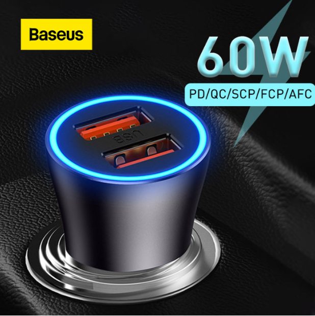 Baseus Car Charger 60W Golden Contactor Max Dual Fast Charger 1usb 1Type-C Output Black CGJM000113