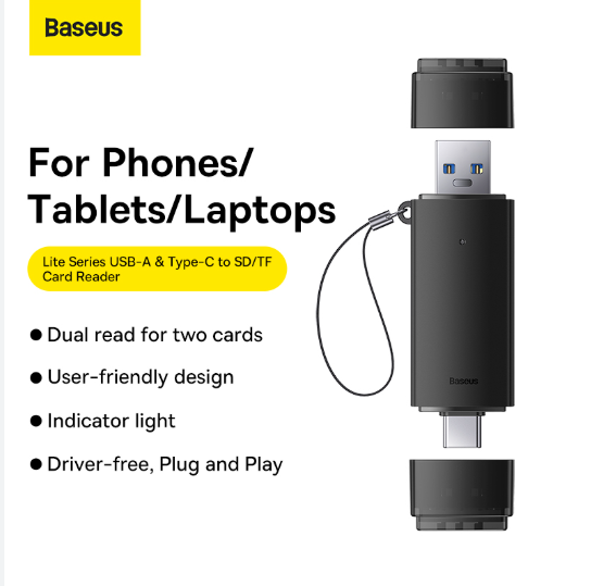 Baseus Card Reader AirJoy Series Dual Read 3.0 Output USB-A & Type-C to SD TF Card Reader WKQX070301