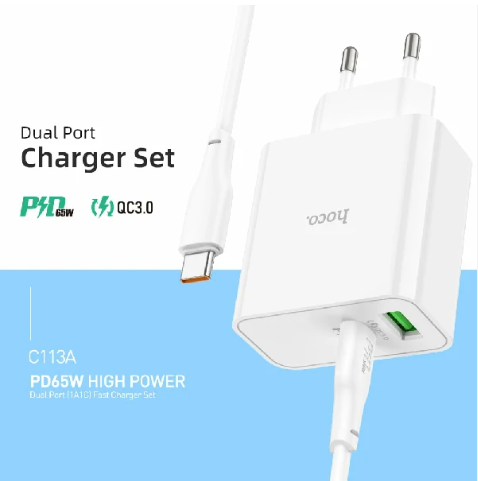 Hoco C113A Awesome PD65W + QC3.0 EU Wall Charger with Cable