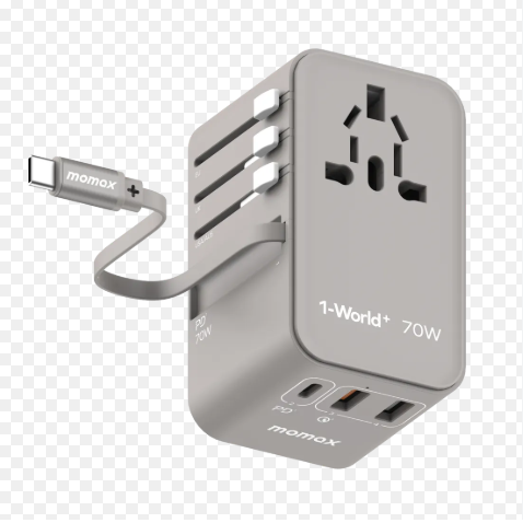 Momax UA18D 1-World+ 70W GaN 3Ports Travel Charger with Built-in USB-C Cable -65cm