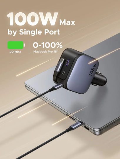 UGREEN 145W EC604 Retractable Car Charger With Built-in USB-C Cable