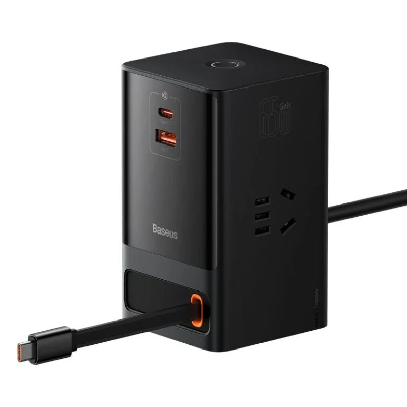 Baseus PowerCombo Digital Power Strip 3AC + USB + Type C+ Retractable-C 65W With 1.5m Power Cord
