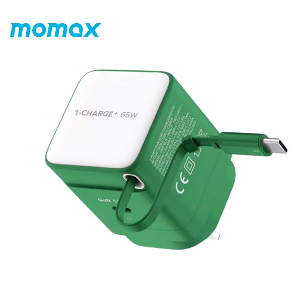 Momax 1-Charge+ 65W GaN Charger with Retractable Cable (US Plug)